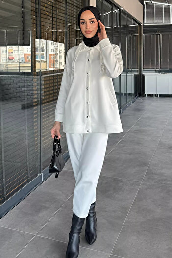 julude Cream Stone Detailed Snap Detailed Tunic Trousers Hijab Double Set