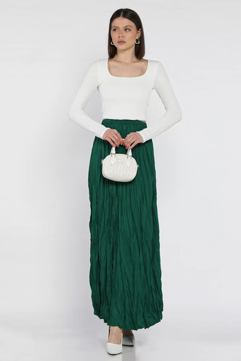 GÜLSELİ Emerald Green Women's Elastic Waist Crinkle Voile Skirt