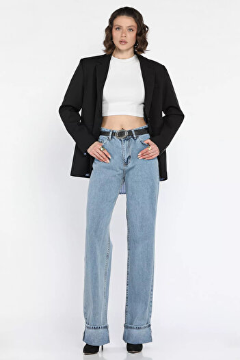 GÜLSELİ Blue Double Leg Women's Mom Jean Jeans