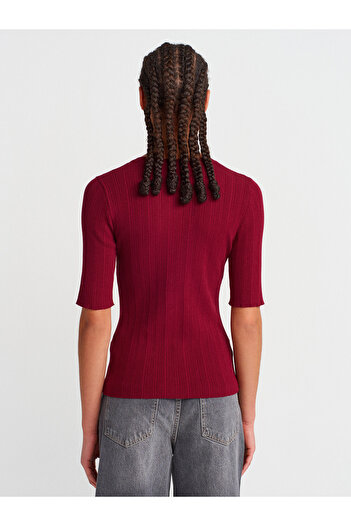 Dilvin 10731 Crew Neck Ribbed Buttoned Slim Knitwear Blouse-Claret Red
