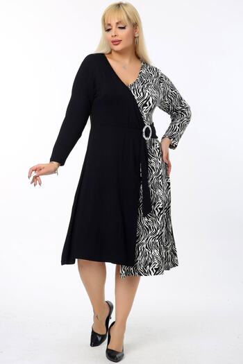 Kheos Belted Double Breasted Zebra Pattern Double Color Long Sleeve Ribbon Dress