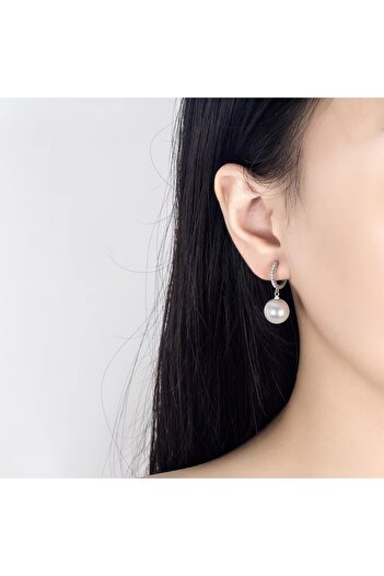 HOBİSY GIFT SHOP Stylish and Minimalist Silver Pearl Earrings – Does Not Tarnish, Steel Earrings with Zircon Details-12Mm Pearl