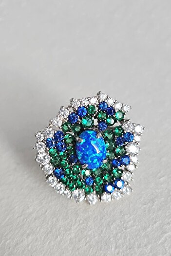 MorMajor Silver İTHAL OPAL TAŞLI MAVİ YEŞİL ZİRKON  GÜMÜŞ YÜZÜK