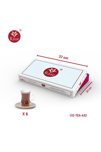 Rose CR-132--Rose tea set consisting of 6 clear glass tea cups and 6 saucers made of ceramic with distinctive Islamic designs