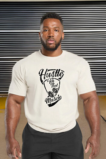 BESSA Ανδρικό μπλουζάκι Hustle Muscle με στάμπα μπεζ Oversize Crew Neck Cotton Athlete