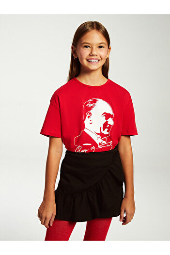 LC Waikiki Lcw Kids Red Crew Neck Ataturk Printed Girl's T-Shirt