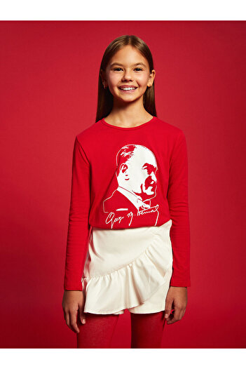 LC Waikiki Lcw Kids Red Crew Neck Ataturk Printed Girl's T-Shirt