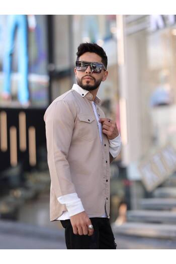YXC Men's Slim Fit Slim Fit Long Sleeve Lapel Black Double Pocket Shirt.
