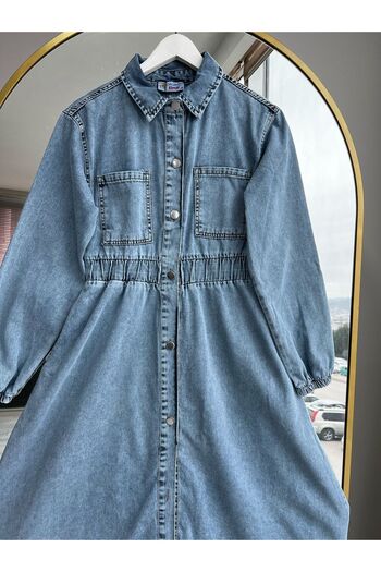 Bold Grup Women's Denim Waist Fitted Pocket Detailed Hijab Denim Dress