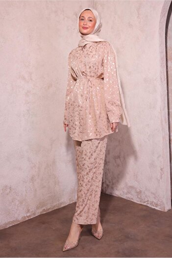 TRENDTESETTÜR Women's Beige Trousers Jacquard Suit t 7874