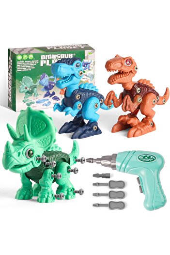 Yelajoy 8-Pieces Construction Dinosaur Toys Set, With Electric Drill, Realistic Designs, for Kids 3+