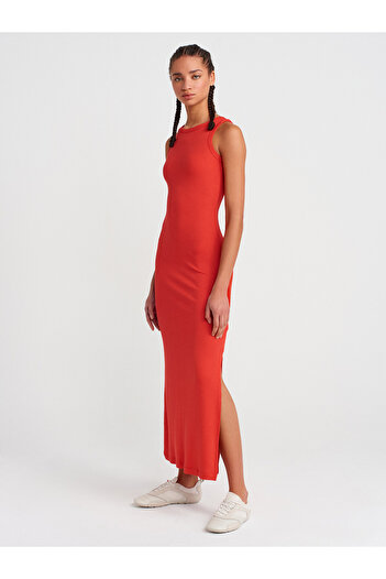 Dilvin 91381 Slit Detailed Midi Dress-Red