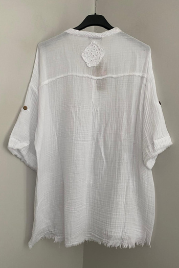AYASOFYA OTANTIK Women's White Judge Collar Brode Lace Detailed Foldable Short Sleeve 100% Cotton Shirt Blouse