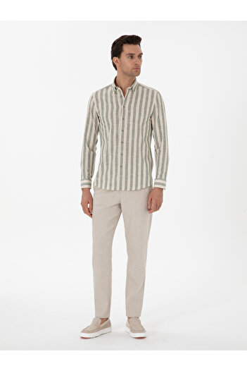 Cacharel Haki Slim Fit Çizgili Pamuklu Gömlek 50311079-VR027