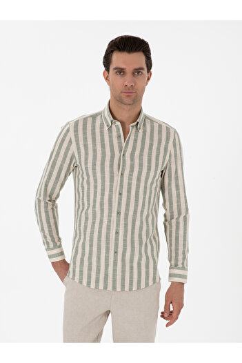 Cacharel Haki Slim Fit Çizgili Pamuklu Gömlek 50311079-VR027