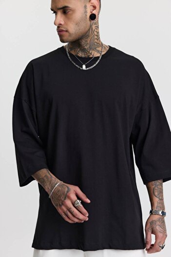 Fandr Store Black Crew Neck Thick Fabric 100% Cotton Oversize T-Shirt