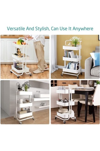 Cady One 3-tier Rolling Storage Cart With Metal Handle, White Color, With Lockable Multi-purpose Wheels