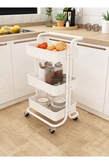 Cady One 3-tier Rolling Storage Cart With Metal Handle, White Color, With Lockable Multi-purpose Wheels
