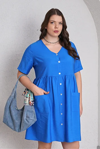 Büyük Moda Linen Textured V-Neck Dress