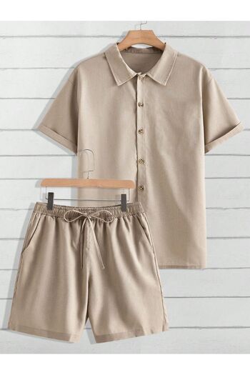 Altamira Men's Beige Linen Short Sleeve Shirt Shorts Set