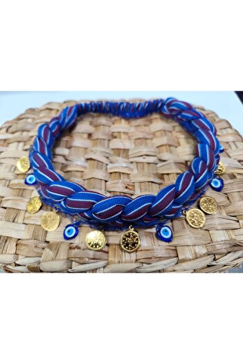 DİNÇLER TEKSTİL Girl's Black Sea Elastic Keşan Bandana with Burgundy Blue Lira Evil Eye Beads