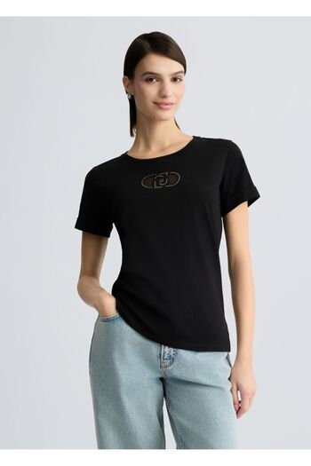 Liu Jo Women's Regular Fit 100% Cotton Chest Logo Round Neck Short Sleeve Black T-Shirt Ta5180Js923-M9308