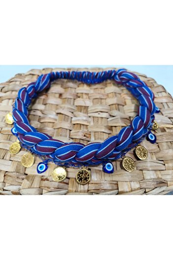 DİNÇLER TEKSTİL Girl's Black Sea Elastic Keşan Bandana with Burgundy Blue Lira Evil Eye Beads