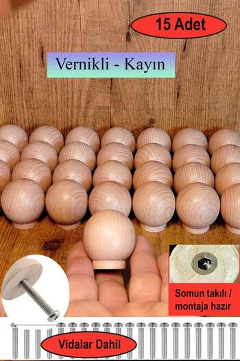 deepowls 15Pcs Polished Wood Ball Handle 37mm in Diameter Natural Drawer Cabinet Furniture Handle Knob