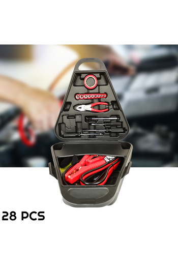 MTOOLS 28-Piece Car Emergency Kit with Jumper Cables, Pliers, Screwdrivers, Socket Set, Tape & Carry Case