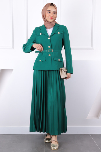 İmajButik Emerald Green Belted Jacket Skirt Crepe Suit