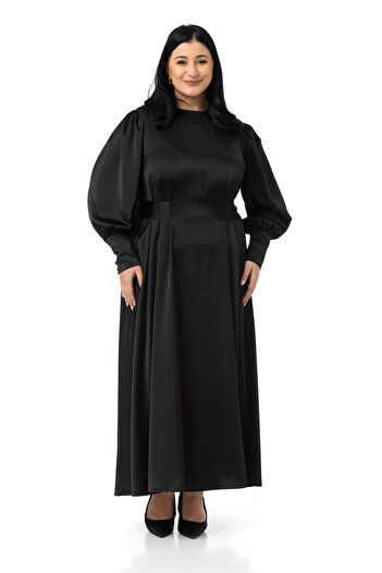 DISENTIS MODEST Plus Size Shirred Sleeves Sash Detailed Long Satin Black Dress