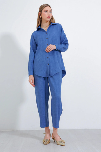 LE CARAMBOLE Women's Blue Linen Oversize Shirt Pants Double Set