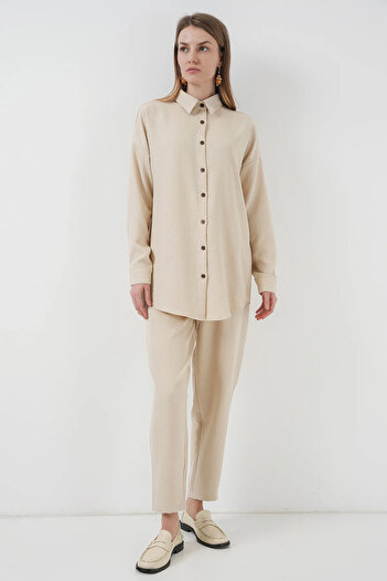 LE CARAMBOLE Women's Cream Linen Oversize Shirt Pants Double Set