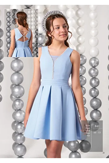 Erkut Girl's Crepe Fabric Back Detailed Baby Blue Short Evening Dress