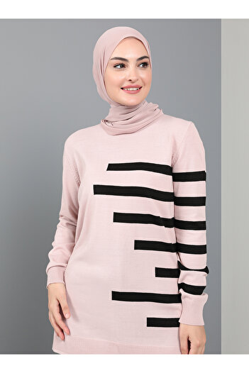 Tavin 80cm Powder Colored Crew Neck One-Way Striped Knitwear Tunic