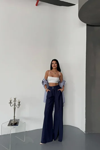 Giyimodam Casual Front Slit Detail Waist Belt Pants - Navy Blue