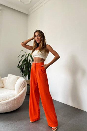 Butik Gardrop Orange Detailed Palazzo Trousers - High Waist Cuffed