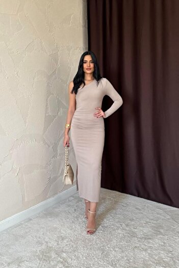 buğrahayalin Beige Shirring Detailed One Shoulder Dress