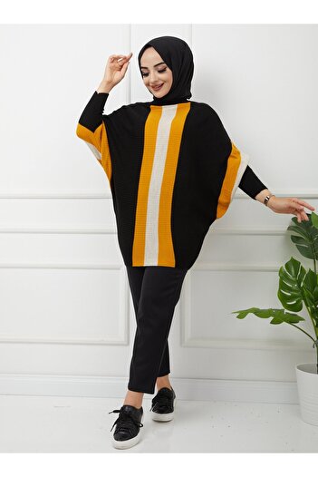 SAHRA BUTİK Bat Sleeve Striped Knitwear Tunic - Black - Sahra Butik