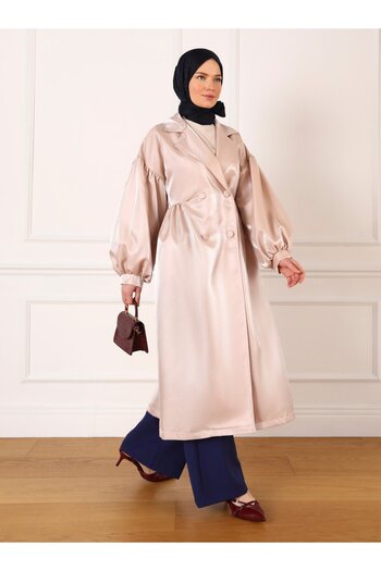 Refka Beige Balloon Sleeve Evening Dress Ferace - Refka