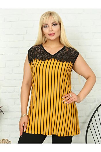 MODA Shoulder Lace Detailed Viscose Large Size Sleeveless Blouse