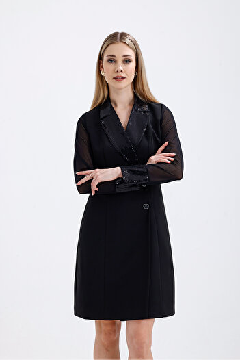 Sense Sequin Sequin Detailed Evening Dress Jacket Dress |   Elb36108 Black