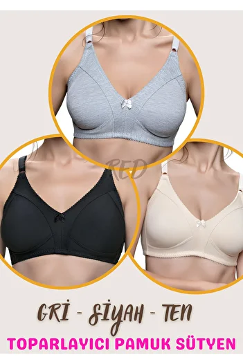 red iç giyim 3 Pieces Combed Ironless Minimizer Gathering Bra (Plus Size Available)