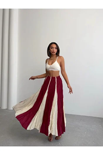 QUAWEAR Color Blocked Modal Fabric Crinkle Skirt