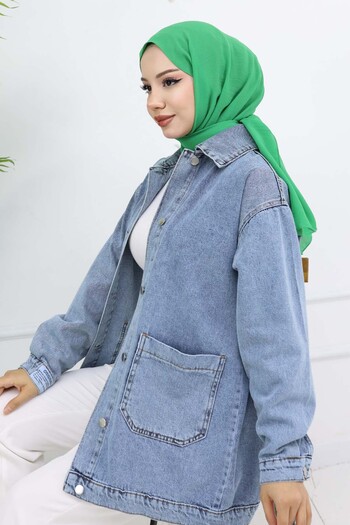 benguen Μπλε 702 Μπουφάν τζιν Hijab με λεπτομέρεια τσέπης