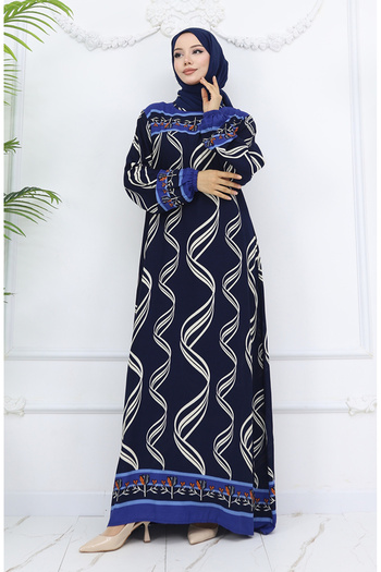 sefamerve Viscose Fabric Elastic Sleeve Dress 0031-05 Navy Blue