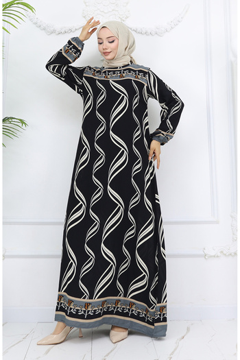sefamerve Viscose Fabric Elastic Sleeve Dress 0031-01 Black