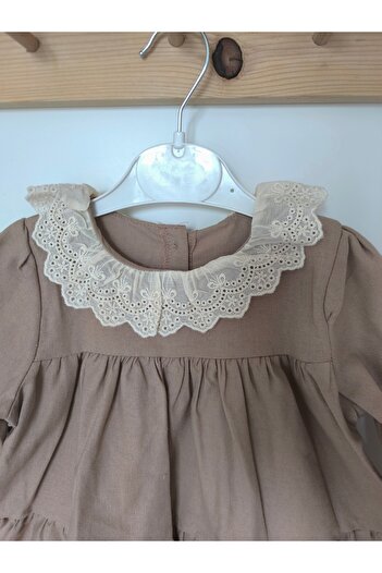 Butik Dantel Yakalı Kız Bebek Keten Elbise