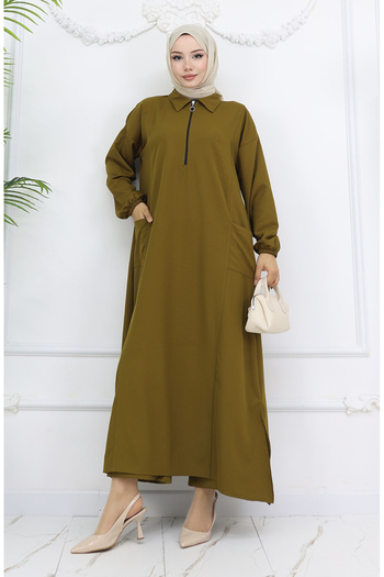 sefamerve Double Fabric Long Tunic Trousers Double Suit 0034-05 Oil Green