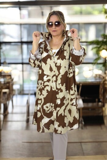 yagmurberen Foldable Sleeve Detail Patterned Front Buttoned Long Sleeve Oversized Tunic Dress